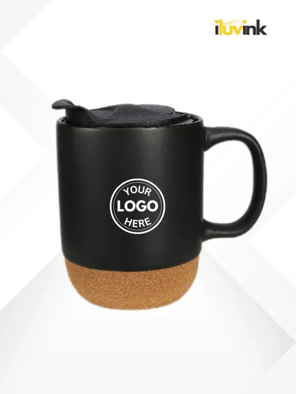 Black Ceramic Mug With Lid and Cork Base