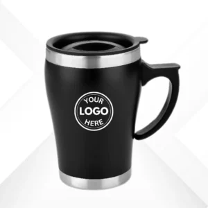 Protect your drink in style with our Black Steel Coffee Mug With Handle & Lid. This durable, sleek mug is perfect for home, office, or on the go. Shop custom branding today!